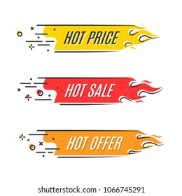 Flat linear promotion fire banner, price tag, hot sale, offer, price. Vector illustration set