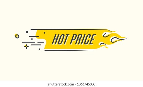 Flat linear promotion fire banner, price tag, hot sale, offer, price. Vector illustration set