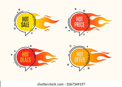 Flat linear promotion fire banner, price tag, hot sale, offer, price. Vector illustration set