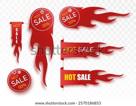 Flat linear promotion fire banner, price tag, hot sale, offer, price. Vector illustration set