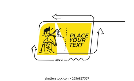 Flat linear promotion geometric shapes Man hand holding megaphone concept of business announcement banner, scroll,  sticker, badge, price tag, poster.