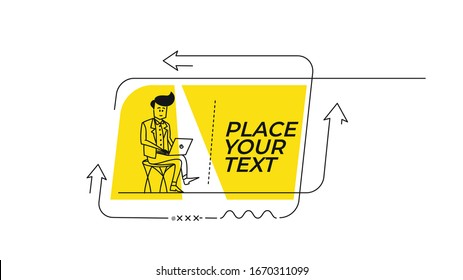 Flat linear promotion geometric shapes Young Man sitting with laptop banner, scroll,  sticker, badge, price tag, poster.