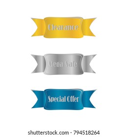 Flat linear promotion golden blue ribbon banner price tag sticker badge