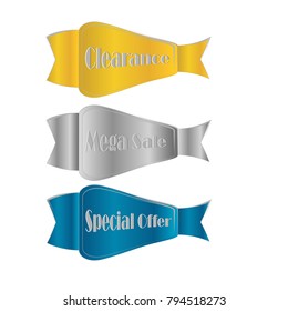 Flat linear promotion golden blue ribbon banner price tag sticker badge