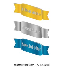 Flat linear promotion golden blue ribbon banner price tag sticker badge