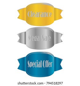 Flat linear promotion golden blue ribbon banner price tag sticker badge