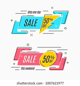 Flat linear promotion ribbon banner, scroll, price tag, sticker, badge, poster. Vector illustration