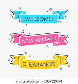 Flat linear promotion ribbon banner, scroll, price tag, sticker, badge, poster. Vector illustration
