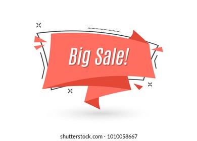 Flat linear promotion ribbon banner, scroll, price tag, sticker, badge, poster. Vector illustration