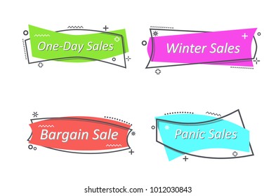 Flat linear promotion ribbon banner, scroll, price tag, sticker, badge, poster. Vector illustration