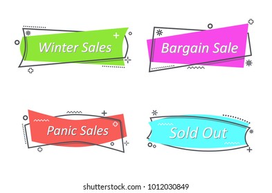 Flat linear promotion ribbon banner, scroll, price tag, sticker, badge, poster. Vector illustration