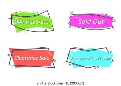 Flat linear promotion ribbon banner, scroll, price tag, sticker, badge, poster. Vector illustration