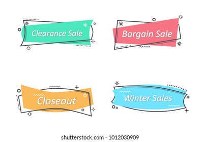 Flat linear promotion ribbon banner, scroll, price tag, sticker, badge, poster. Vector illustration