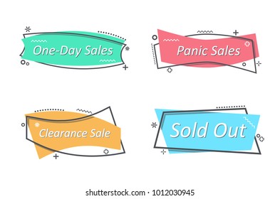 Flat linear promotion ribbon banner, scroll, price tag, sticker, badge, poster. Vector illustration