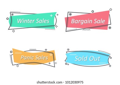 Flat linear promotion ribbon banner, scroll, price tag, sticker, badge, poster. Vector illustration