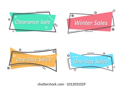 Flat linear promotion ribbon banner, scroll, price tag, sticker, badge, poster. Vector illustration