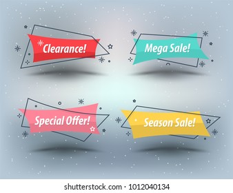 Flat linear promotion ribbon banner, scroll, price tag, sticker, badge, poster. Vector illustration