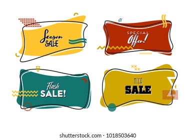 Flat linear promotion ribbon banner, scroll, price tag, sticker, badge, poster. Vector illustration