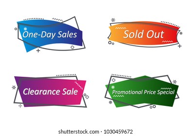Flat linear promotion ribbon banner, scroll, price tag, sticker, badge, poster. Vector illustration