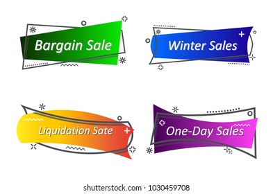 Flat linear promotion ribbon banner, scroll, price tag, sticker, badge, poster. Vector illustration