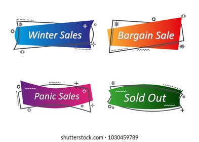 Flat linear promotion ribbon banner, scroll, price tag, sticker, badge, poster. Vector illustration