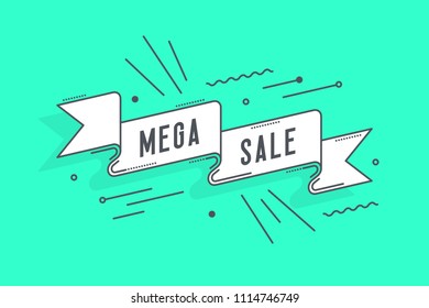Flat linear promotion ribbon banner, scroll, price tag, sticker, badge, poster. Vector illustration