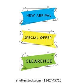 Flat linear promotion ribbon banner, scroll, price tag, sticker, badge, poster. Vector illustration