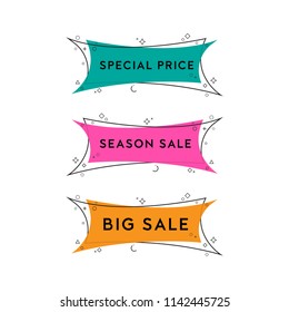 Flat linear promotion ribbon banner, scroll, price tag, sticker, badge, poster. Vector illustration