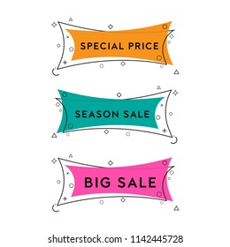 Flat linear promotion ribbon banner, scroll, price tag, sticker, badge, poster. Vector illustration