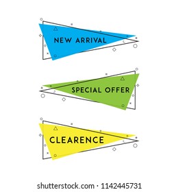 Flat linear promotion ribbon banner, scroll, price tag, sticker, badge, poster. Vector illustration