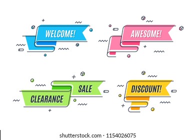 Flat linear promotion ribbon banner, scroll, price tag, poster. Vector illustration set