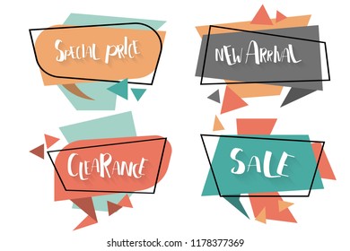 Flat linear promotion ribbon banner, scroll, price tag, sticker, badge, poster. Vector illustration