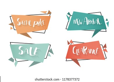Flat linear promotion ribbon banner, scroll, price tag, sticker, badge, poster. Vector illustration