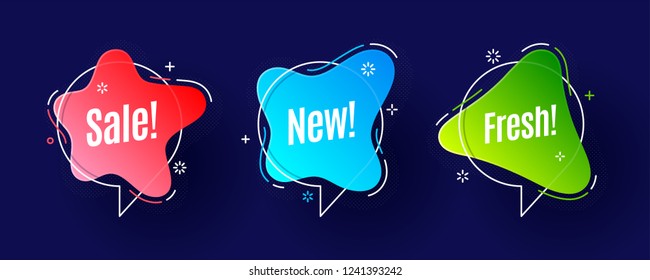 Flat linear promotion ribbon banner, scroll, price tag, sticker, badge, poster. Vector illustration set