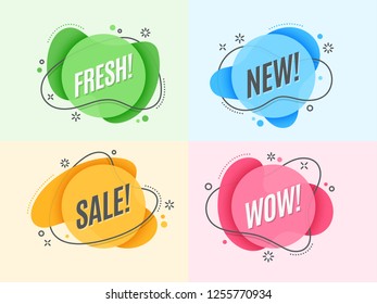 Flat linear promotion ribbon banner, scroll, price tag, sticker, badge, poster. Vector illustration set