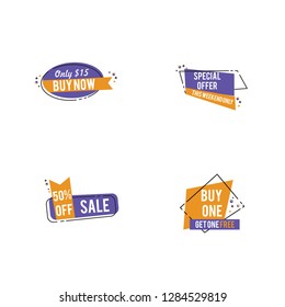 Flat linear promotion ribbon banner, scroll, price tag, sticker, badge, poster. Vector illustration