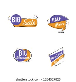 Flat linear promotion ribbon banner, scroll, price tag, sticker, badge, poster. Vector illustration
