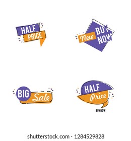 Flat linear promotion ribbon banner, scroll, price tag, sticker, badge, poster. Vector illustration