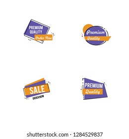 Flat linear promotion ribbon banner, scroll, price tag, sticker, badge, poster. Vector illustration