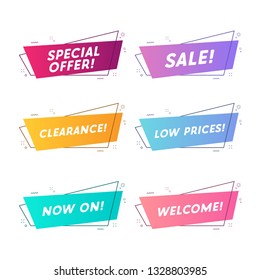 Flat linear promotion ribbon banner, scroll, price tag, sticker, badge.