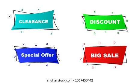 Flat linear promotion ribbon banner, scroll, price tag, sticker, badge, poster. Vector illustration