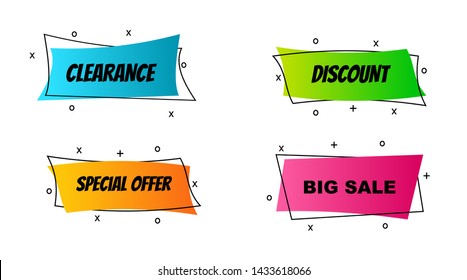 	
Flat linear promotion ribbon banner, scroll, price tag, sticker, badge, poster. Vector illustration