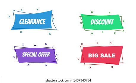 	
Flat linear promotion ribbon banner, scroll, price tag, sticker, badge, poster. Vector illustration