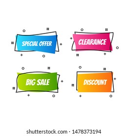 Flat linear promotion ribbon banner, scroll, price tag, sticker, badge, poster. Vector illustration