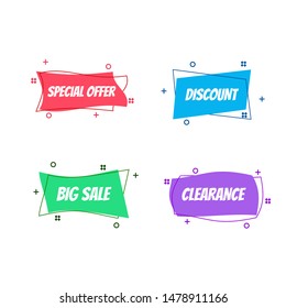 Flat linear promotion ribbon banner, scroll, price tag, sticker, badge, poster. Vector illustration
