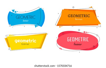 Flat linear promotion ribbon banner. Vivid transparent banners in retro poster design style. Vintage colors and shapes. Flat geometric vector banners.