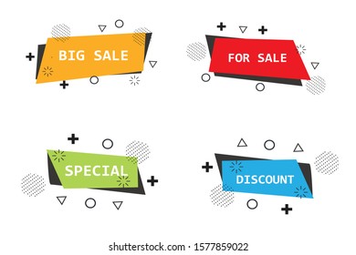 Flat linear promotion ribbon banner, scroll, price tag, sticker, badge, poster. Vector illustration