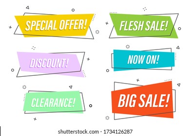 Flat linear promotion ribbon banner set, scroll, price tag, sticker, badge, poster collection. Colorful. Vector illustration eps 10