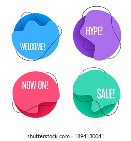 Flat linear promotion ribbon banner, scroll, price tag, sticker, badge, poster. Vector illustration set