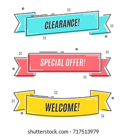 Flat linear promotion ribbon banner, scroll,  price tag, sticker, badge, poster. Vector illustration